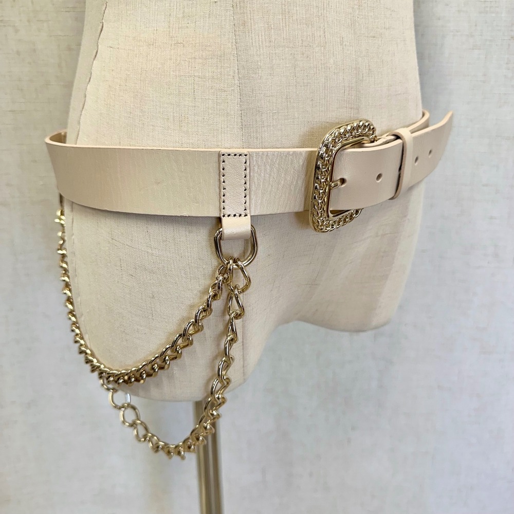 Beige Genuine Leather Chain Belt Gold Tone Buckle Women's Size S/M - Picture 13 of 13